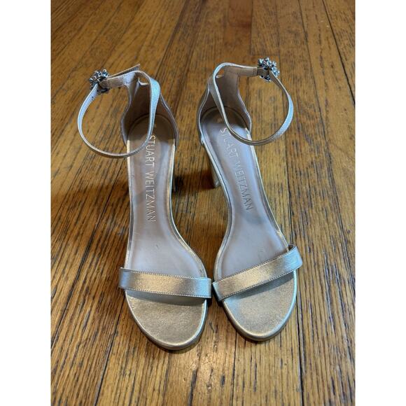 Stuart Weitzman Sandal Size 8 B Nearlynude Gem Buckle Gold GUC - Picture 5 of 14